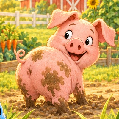 Charlie the muddy pink pig smiling on the Book 5 cover