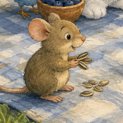 Mouse holding seeds at the Book 6 picnic