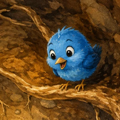 Pip the bluebird perched on a branch inside Mole's tunnel