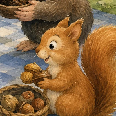 Squirrel carrying acorns at the Book 6 picnic