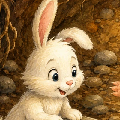 Waffles the white rabbit smiling in Mole's tunnel
