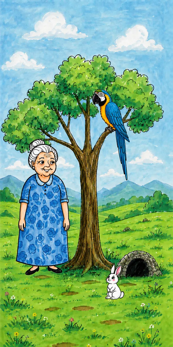 Grandma, a white rabbit, and a blue and gold macaw beside a tree and rabbit hole