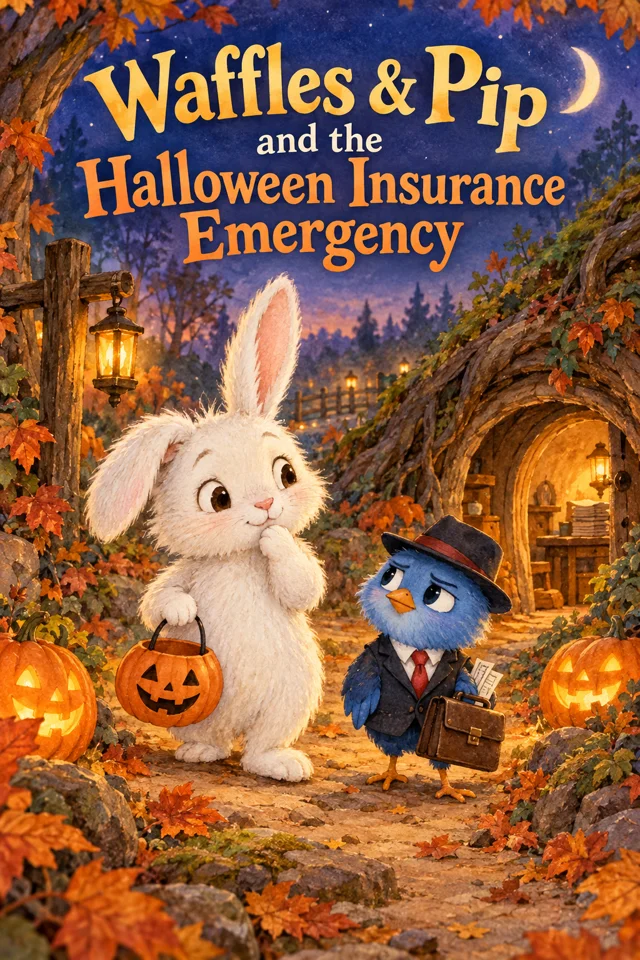 Cover of Waffles & Pip and the Halloween Insurance Emergency, with Waffles and Pip in a lantern-lit autumn woodland