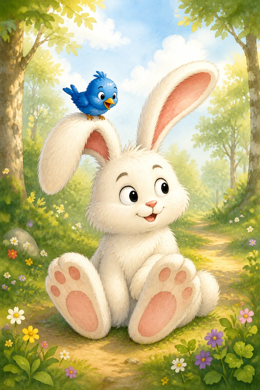Waffles the white rabbit smiles in a sunny woodland with Pip the bluebird perched on his ear